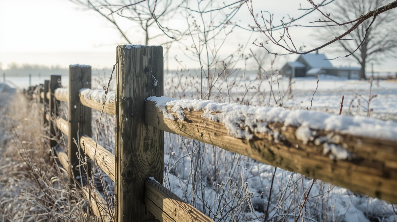 Fence installation during winter in Wisconsin with snow-covered ground and construction equipment.
