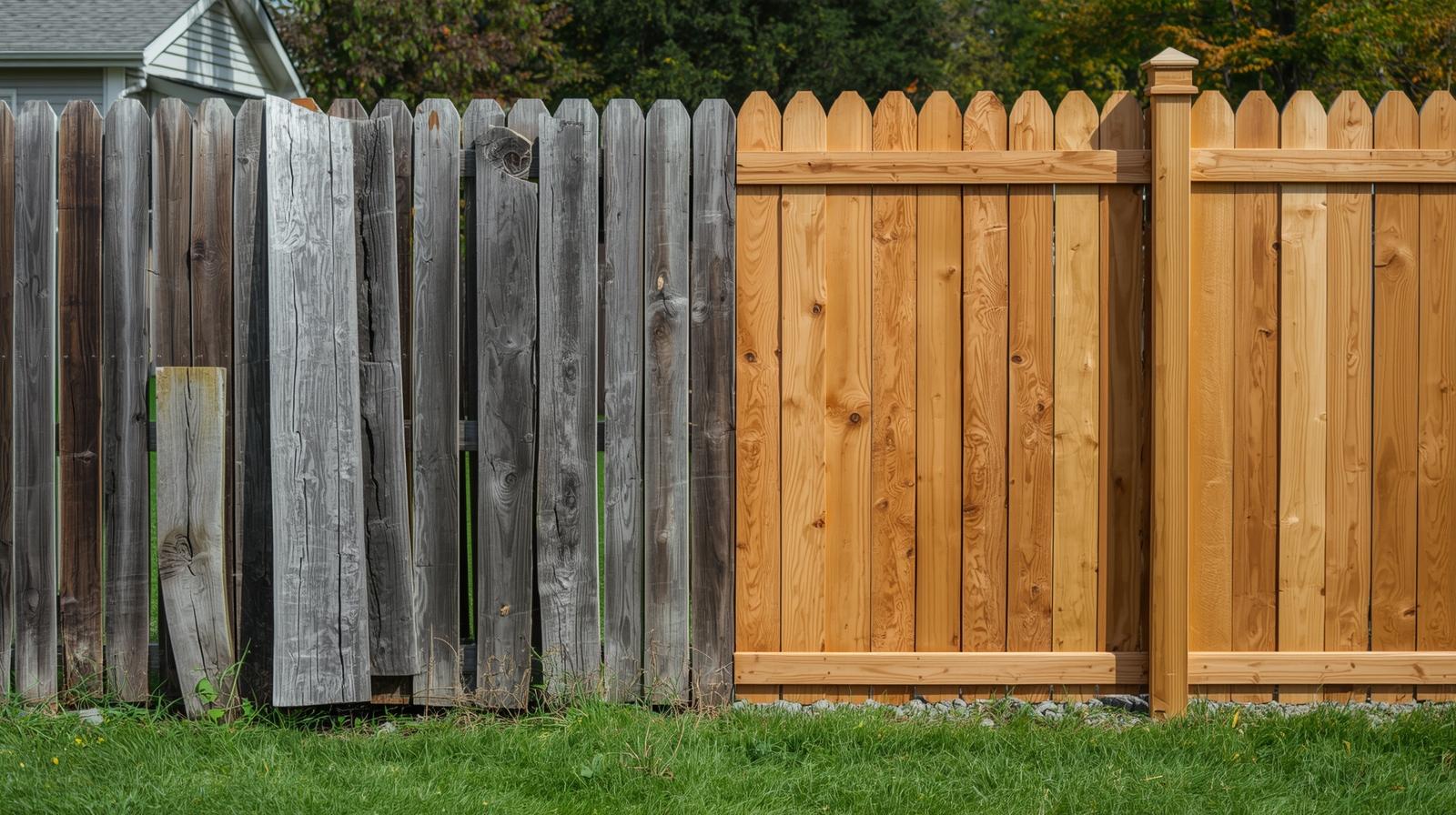 Damaged wood fence in Wisconsin showing broken panels and repaired sections for comparison.