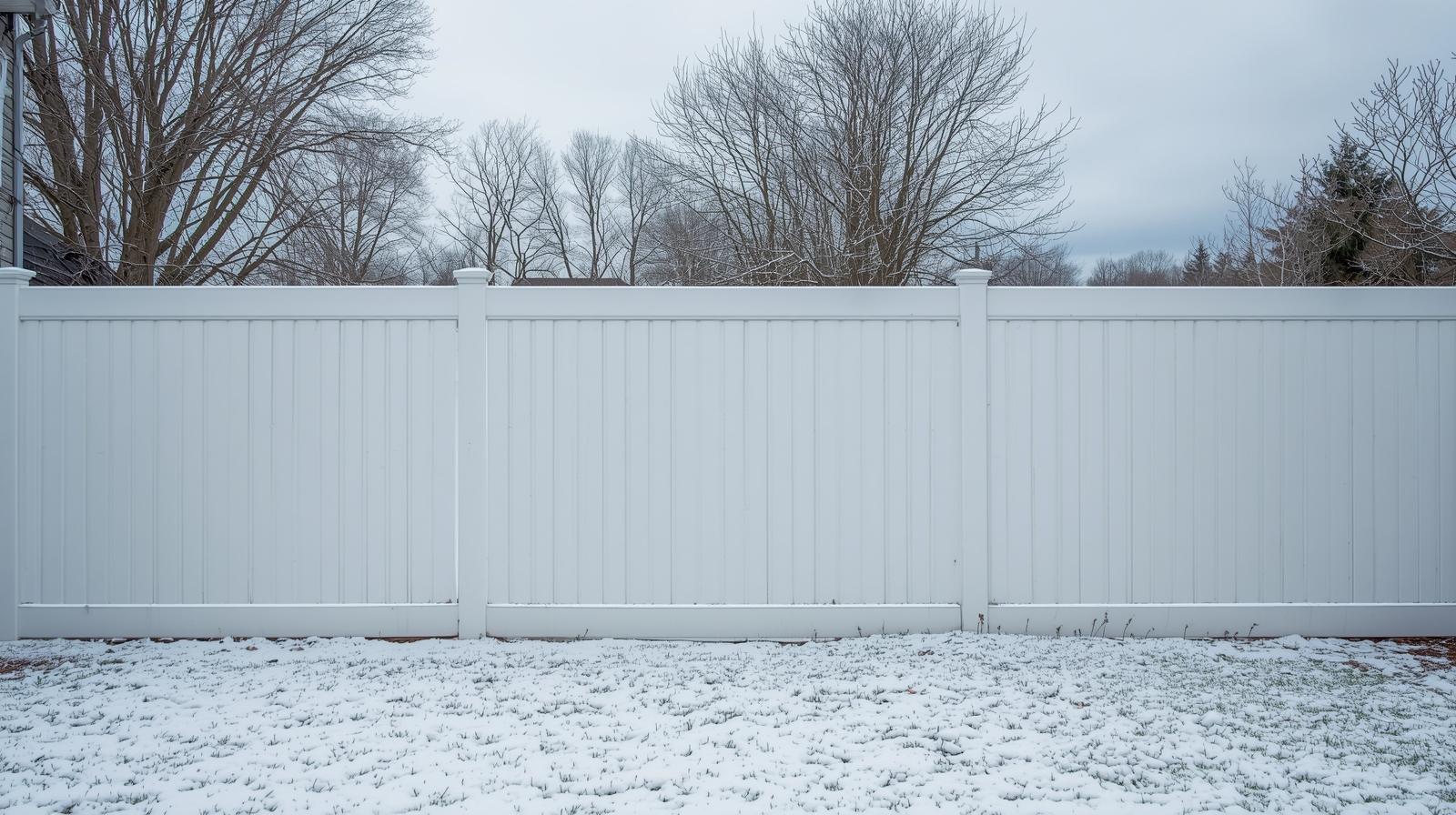 Vinyl privacy fence in Wisconsin during winter with snow buildup and maintenance considerations. Vinyl privacy fence in Wisconsin during winter with snow buildup and maintenance considerations.
