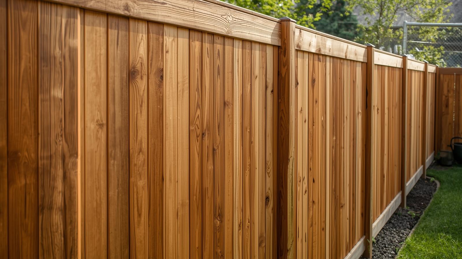 Cedar wood fence in Roscoe IL backyard showing cleaning and sealing maintenance process.