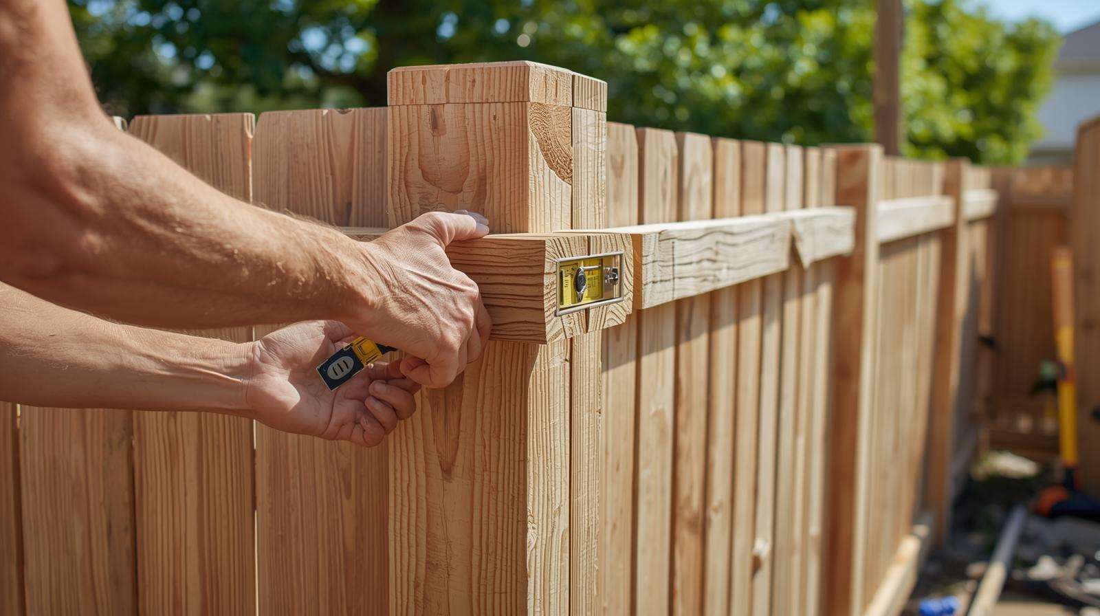 Wood fence installation process showing posts set in concrete and aligned panels.