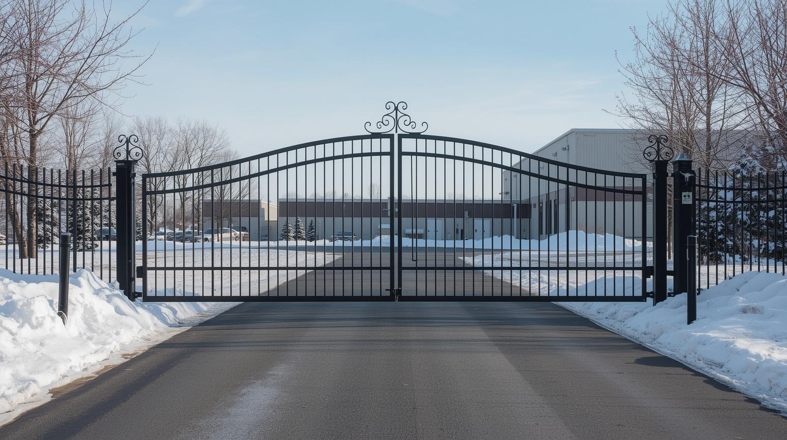 Commercial security gate installed at Wisconsin business entrance with automated access system.