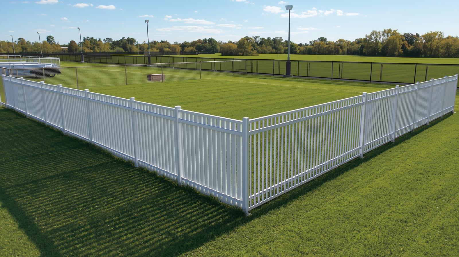 Commercial fencing materials comparison including chain link and metal fencing at industrial property.