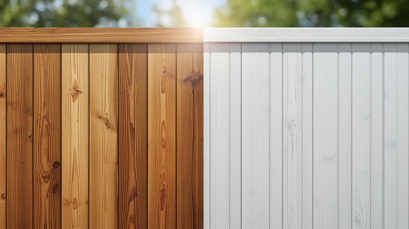 Side-by-side comparison of wood fence and vinyl fence installed in residential backyard.
