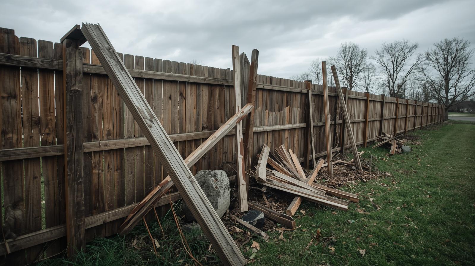 Storm-damaged fence in Southern Wisconsin showing fallen panels and leaning posts.