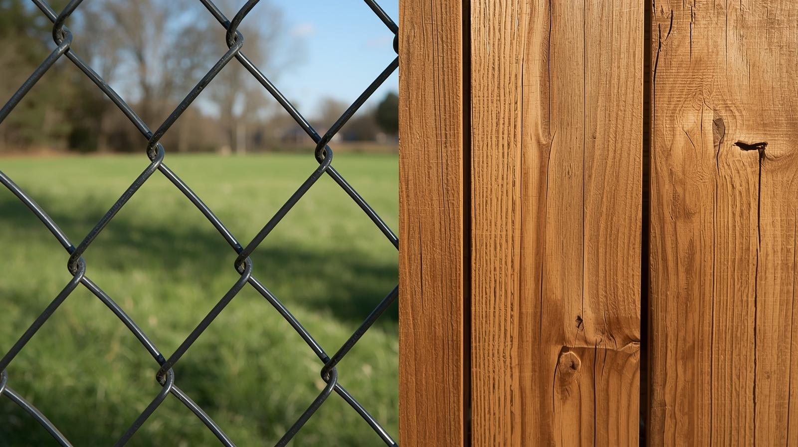 Comparison of chain link fence and wood fence installed on Midwest residential properties.