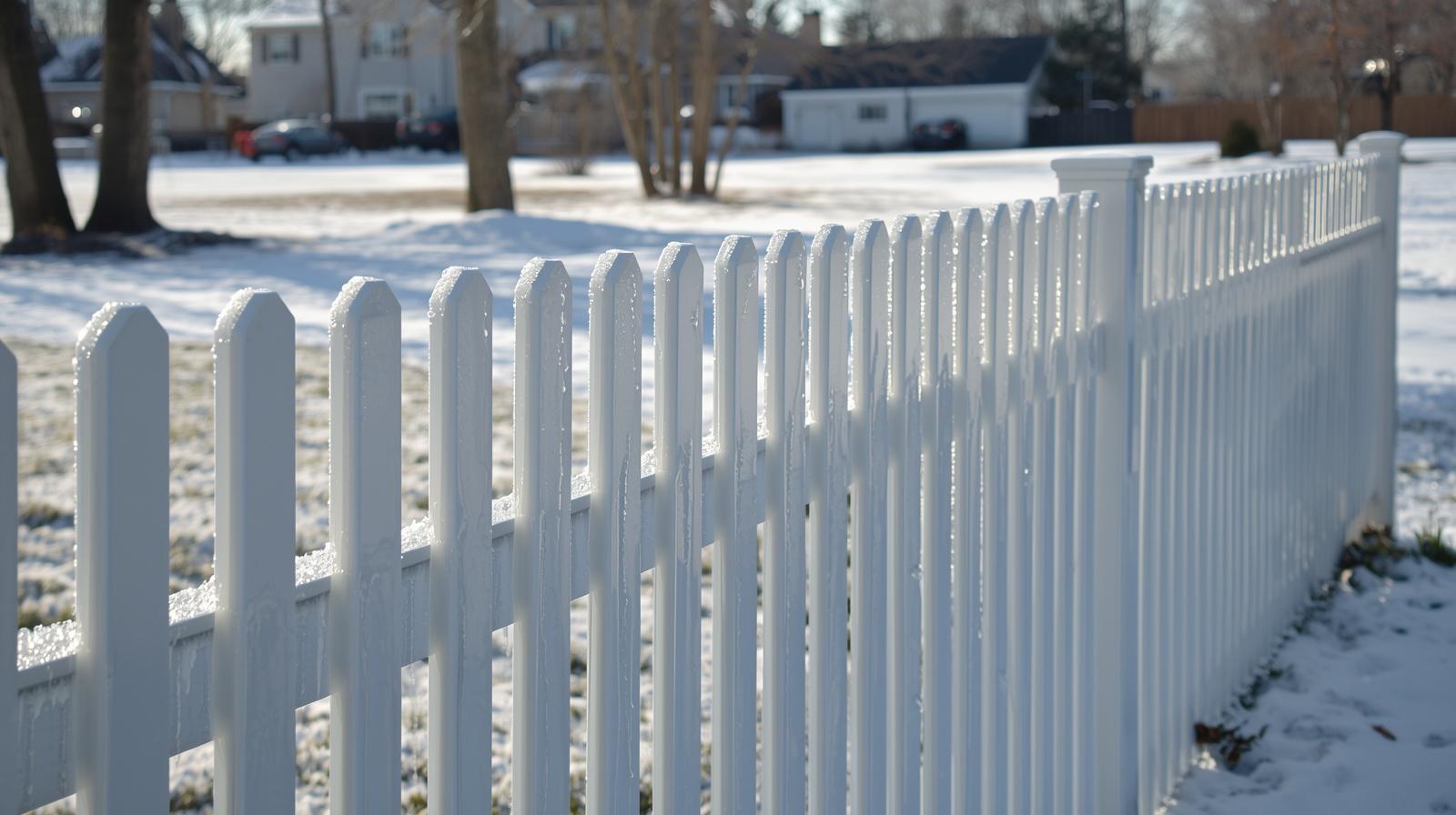 Vinyl privacy fence in Wisconsin winter with snow accumulation around fence panels.