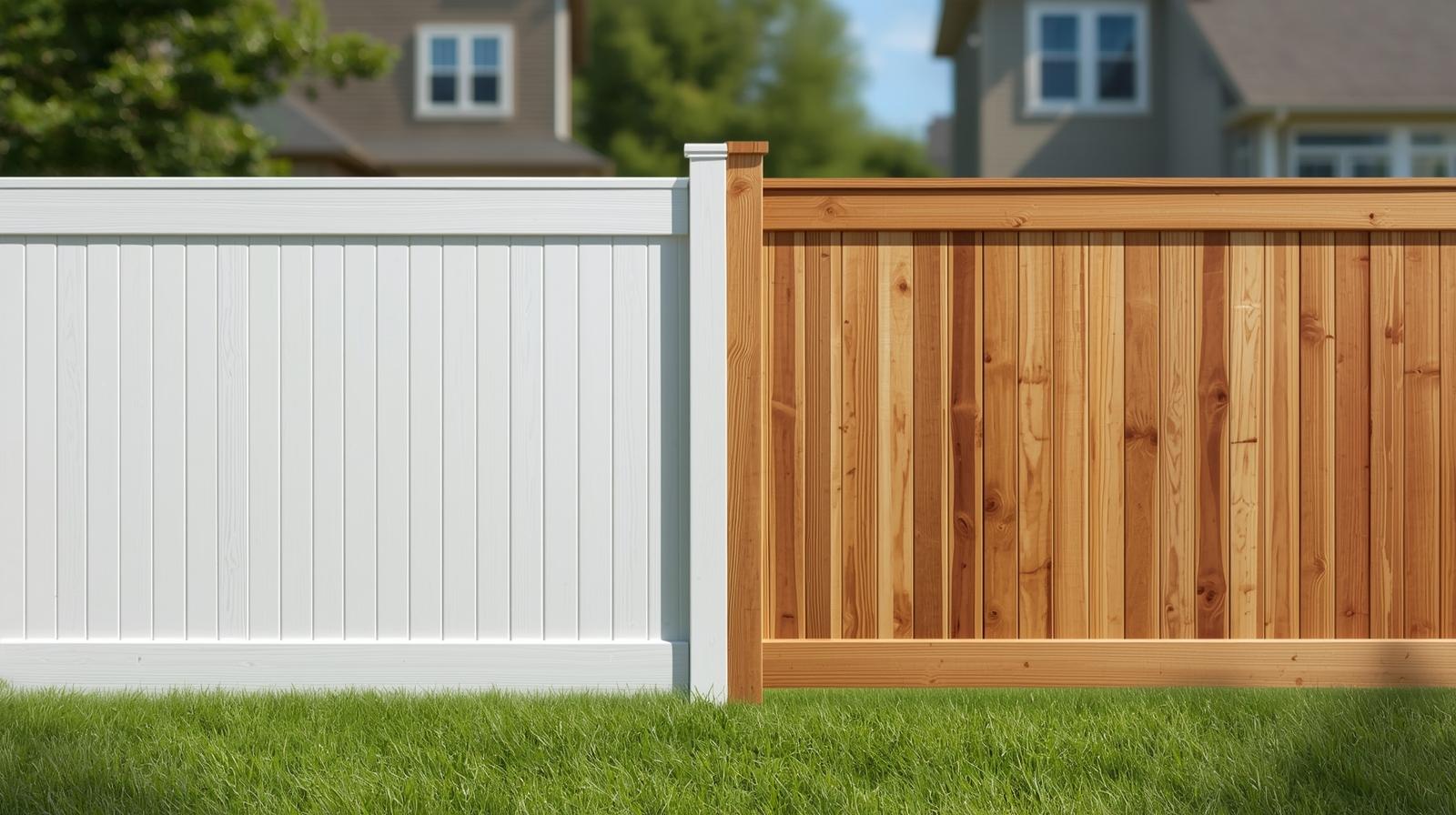 Side-by-side comparison of vinyl fence and wood fence installed in Beloit WI backyard.