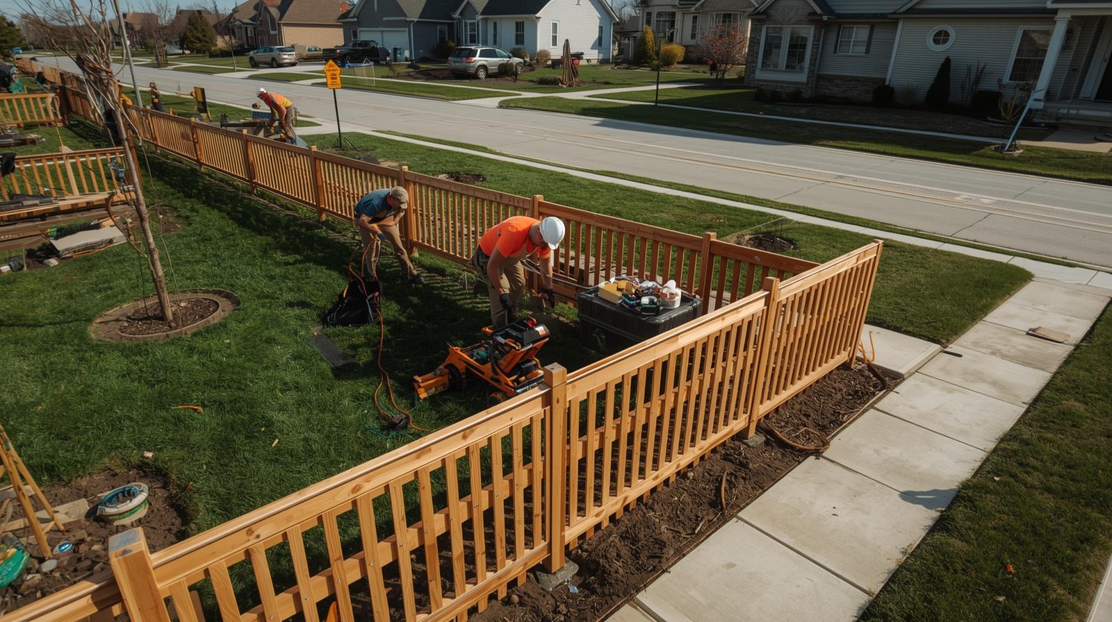 Residential fence installation in Clinton WI backyard with contractor installing privacy fence.