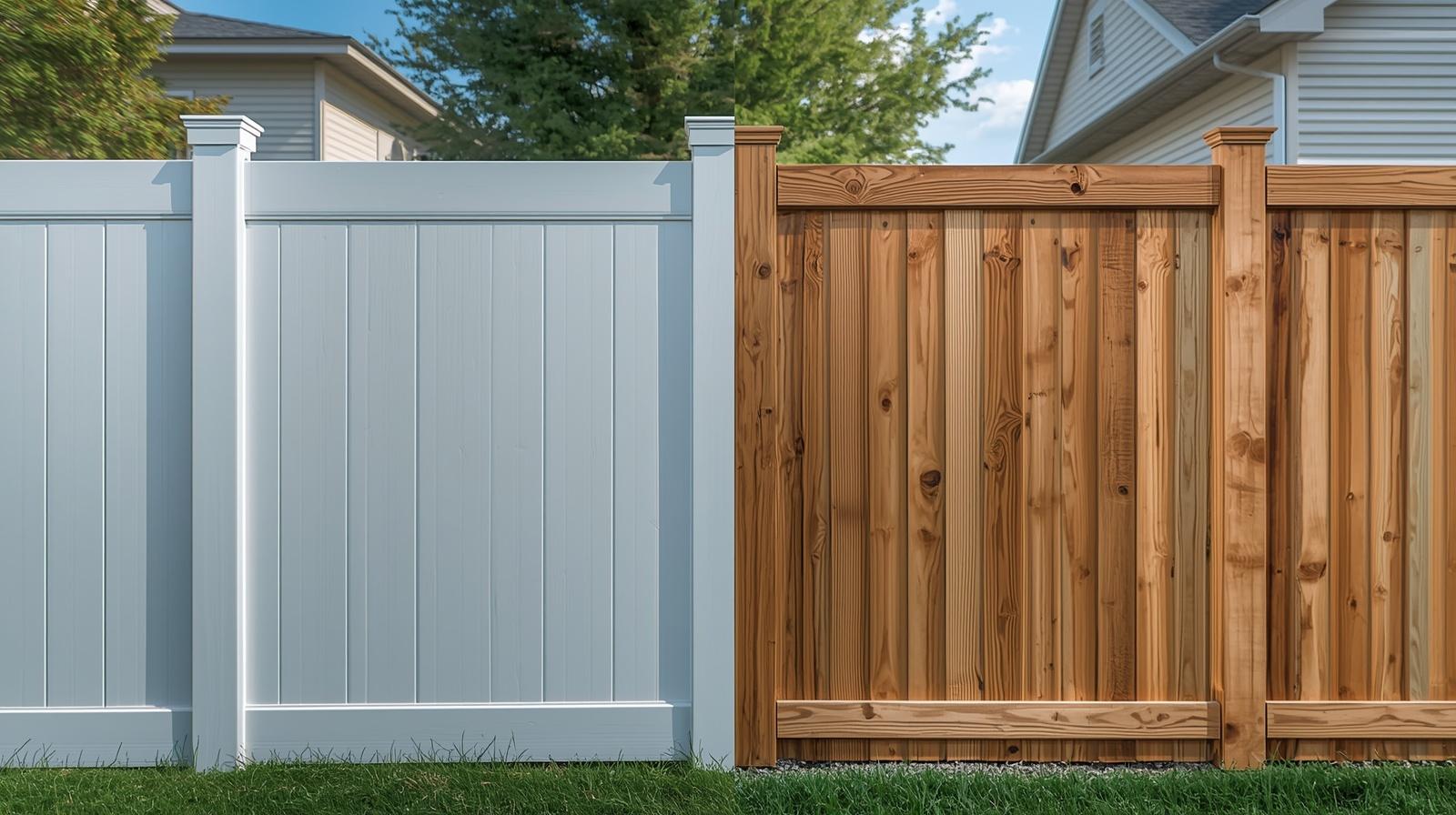 Side-by-side comparison of vinyl fence and wood fence installed in Janesville WI backyard.