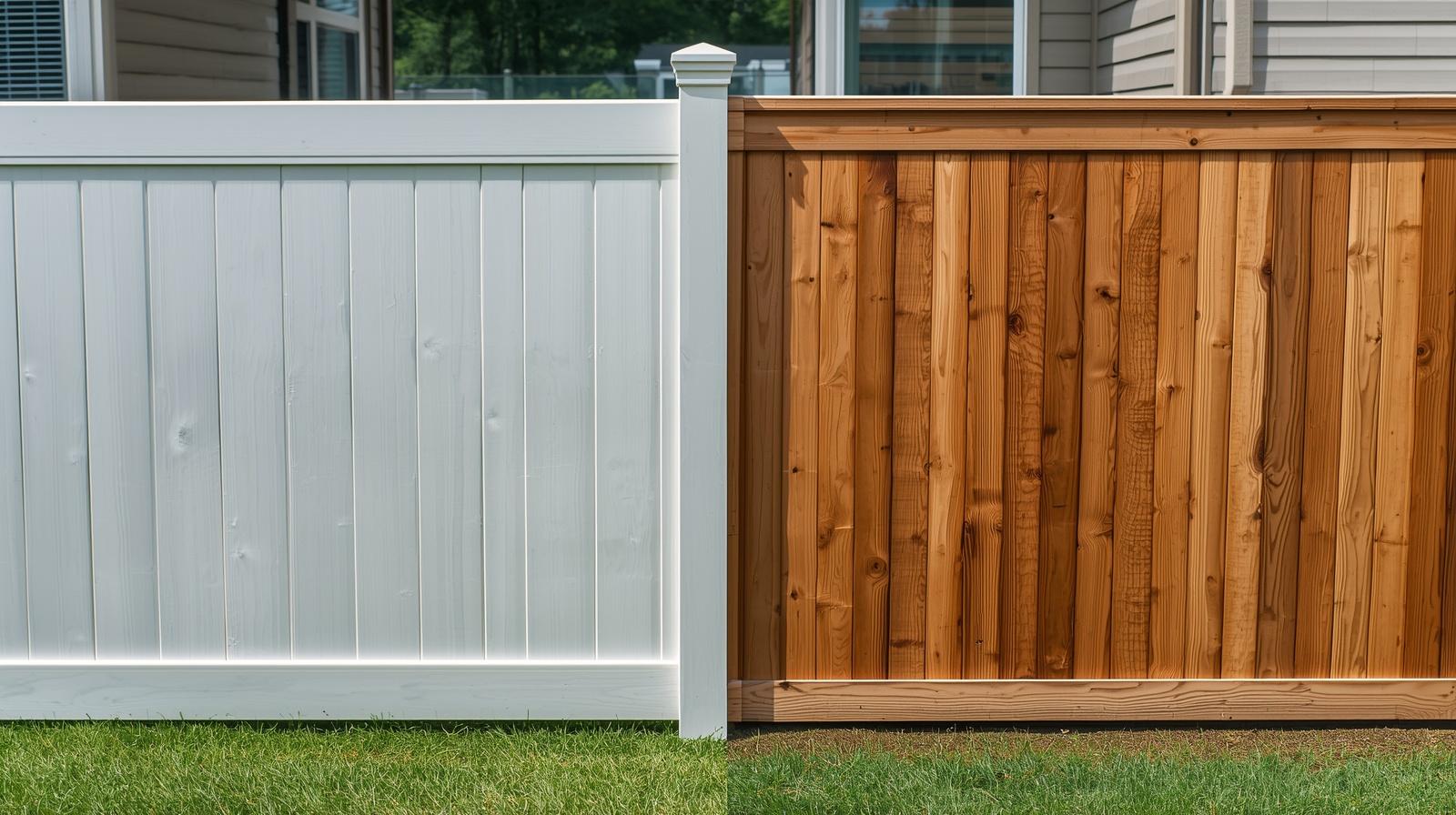 Comparison of vinyl and wood fence in Clinton WI backyard. Comparison of vinyl and wood fence in Clinton WI backyard.