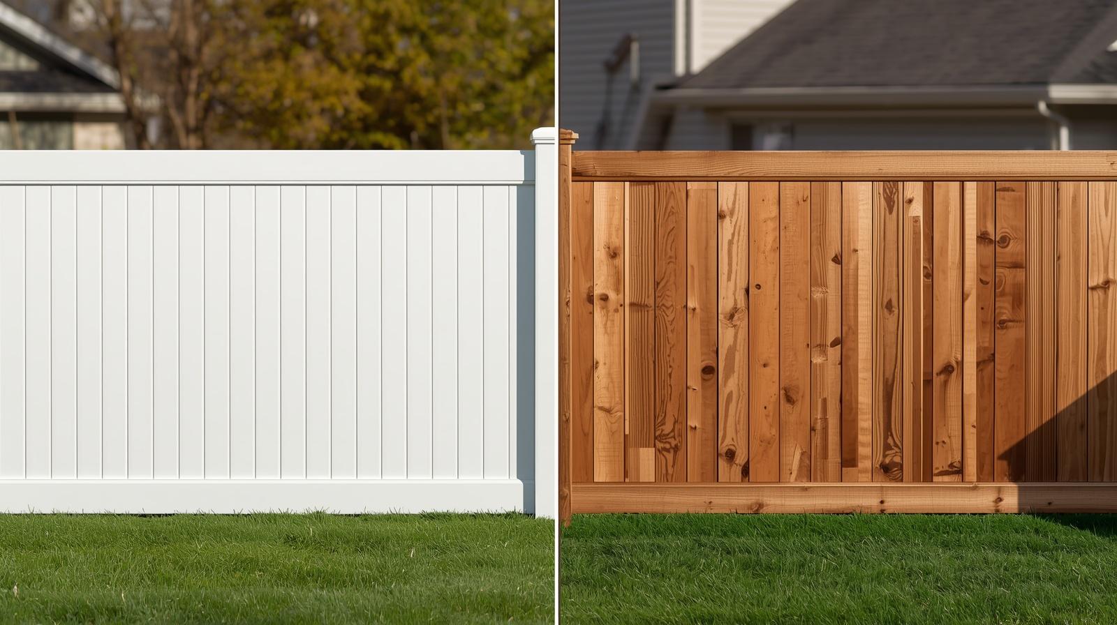 Side by side comparison of vinyl and wood fence in Crestview WI residential yard. Side by side comparison of vinyl and wood fence in Crestview WI residential yard.
