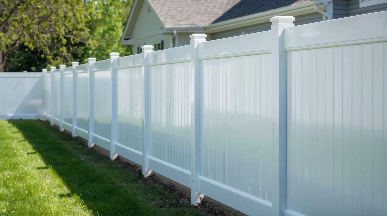 Vinyl privacy fence installed in Beloit WI residential backyard. Vinyl privacy fence installed in Beloit WI residential backyard.