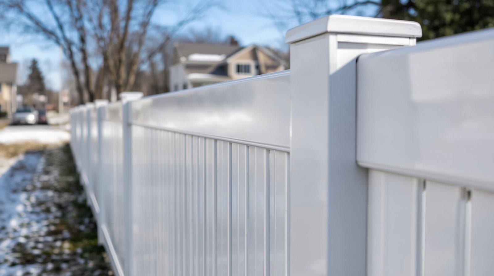 Vinyl privacy fence installed in Beloit WI backyard during winter conditions. Vinyl privacy fence installed in Beloit WI backyard during winter conditions.