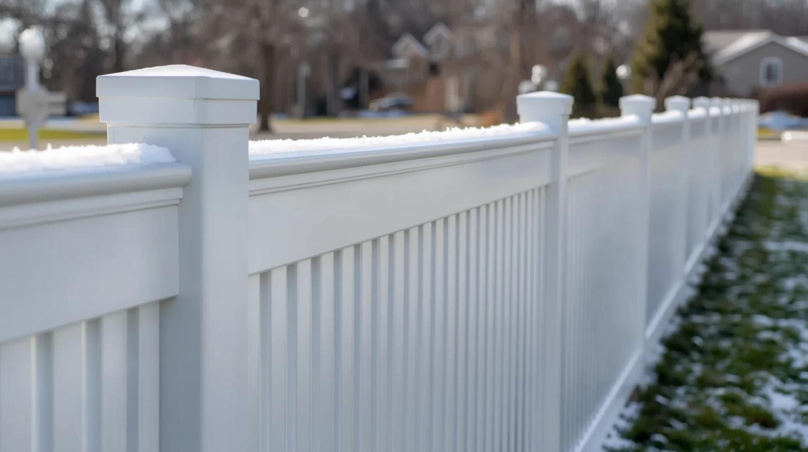 Vinyl privacy fence installed in Janesville WI backyard during winter.