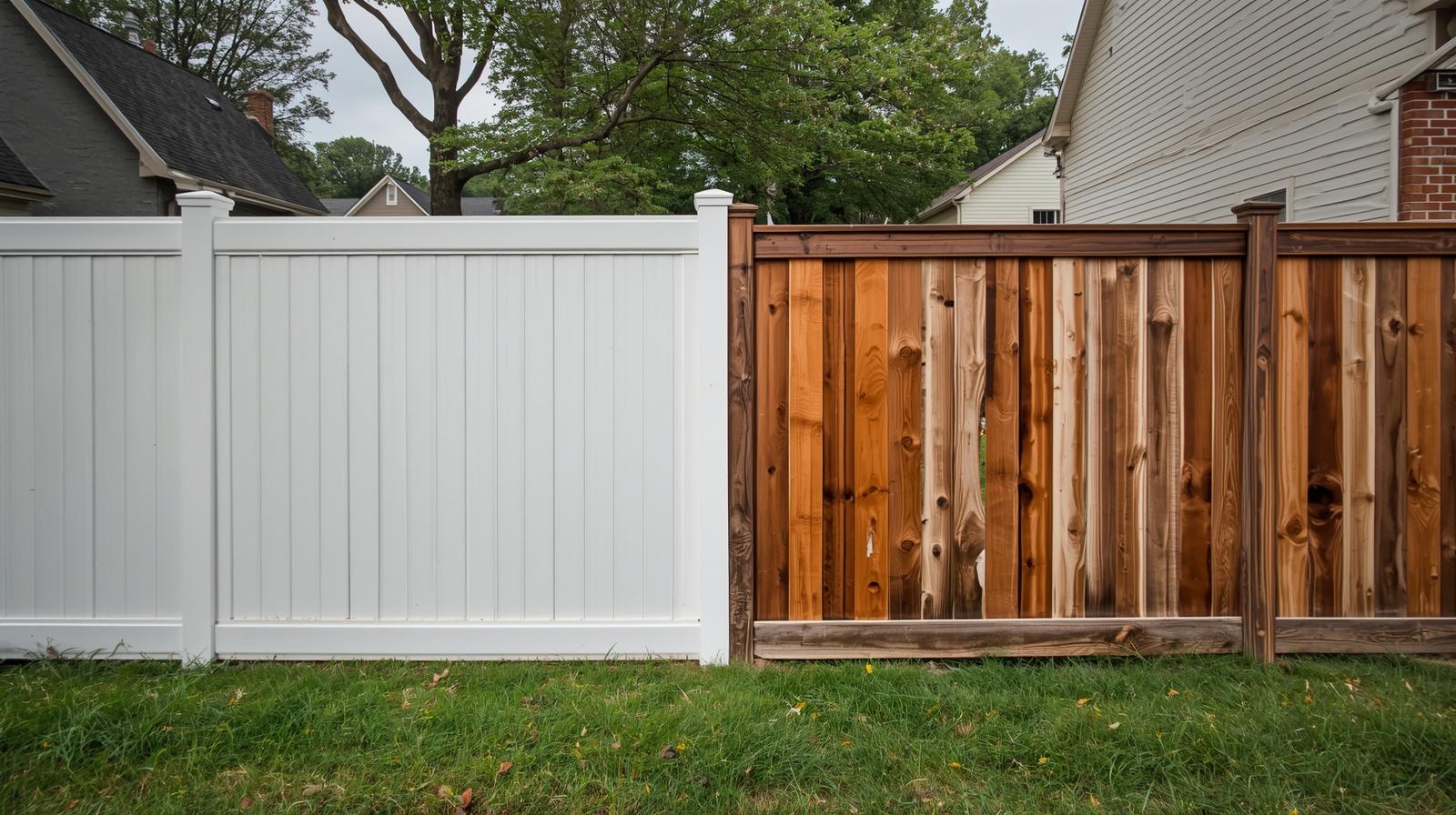 Vinyl and wood fence comparison in Darien WI backyard during winter.