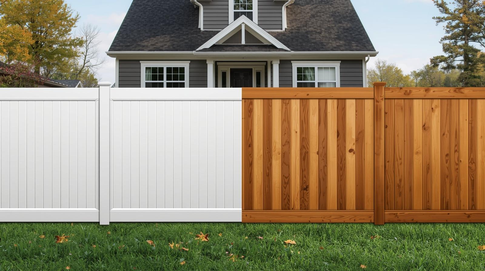 Comparison of vinyl and wood fence in Delavan WI backyard. Comparison of vinyl and wood fence in Delavan WI backyard.