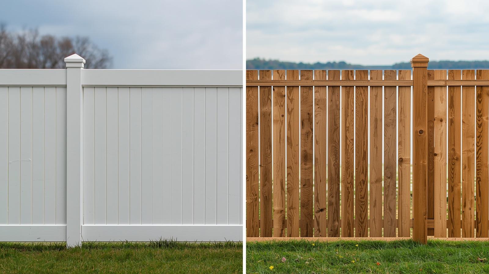 Vinyl vs wood fence comparison in Edgerton WI backyard during winter.