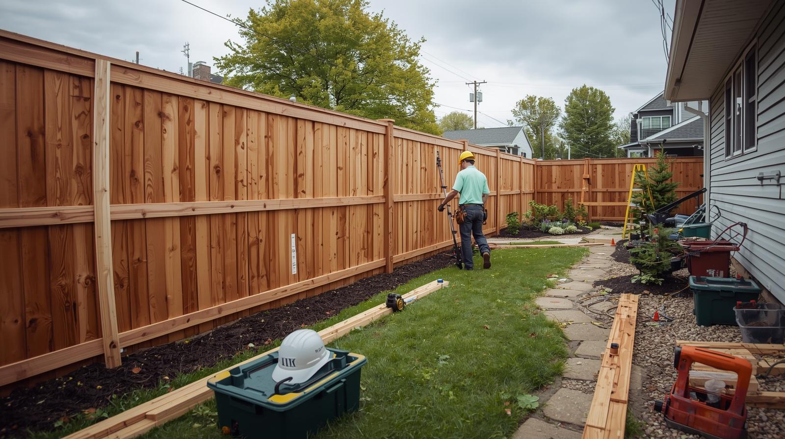 Residential fence installation in Evansville WI backyard.