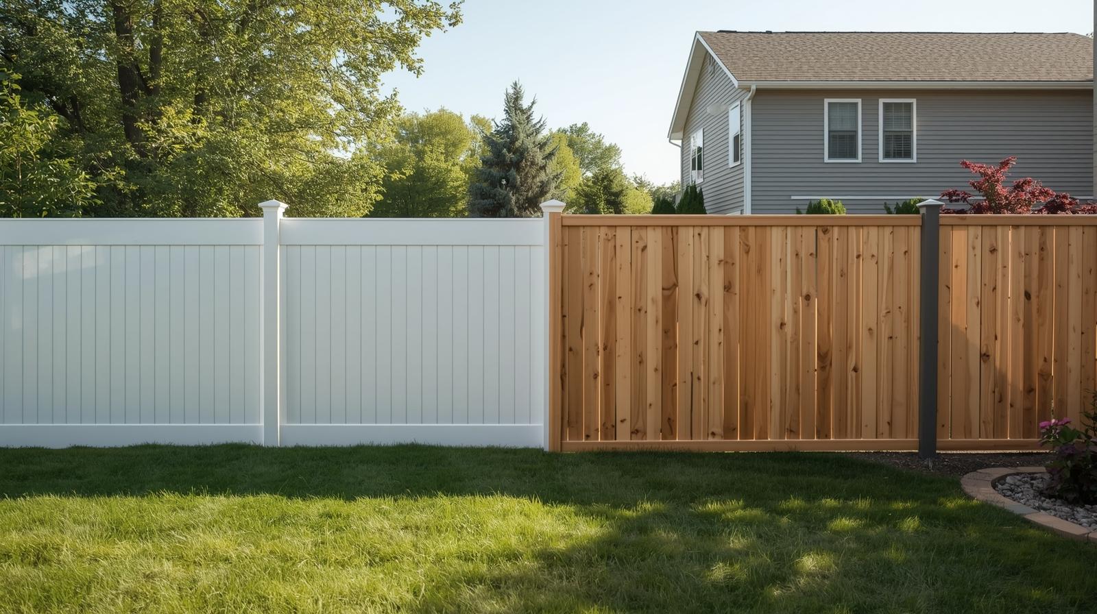 Vinyl and wood fence comparison in Fulton WI backyard. Vinyl and wood fence comparison in Fulton WI backyard.