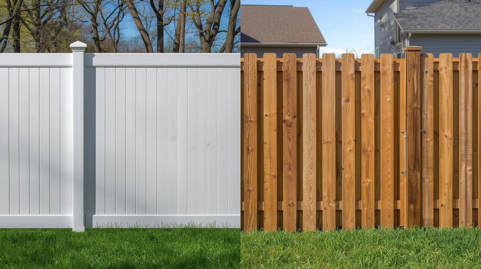 Vinyl and wood fence comparison in Footville WI during winter.