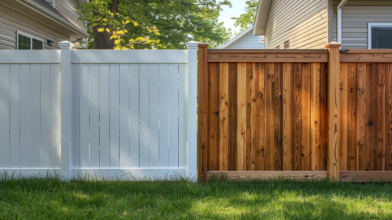Comparison of vinyl and wood fence in residential yard in Newark WI.