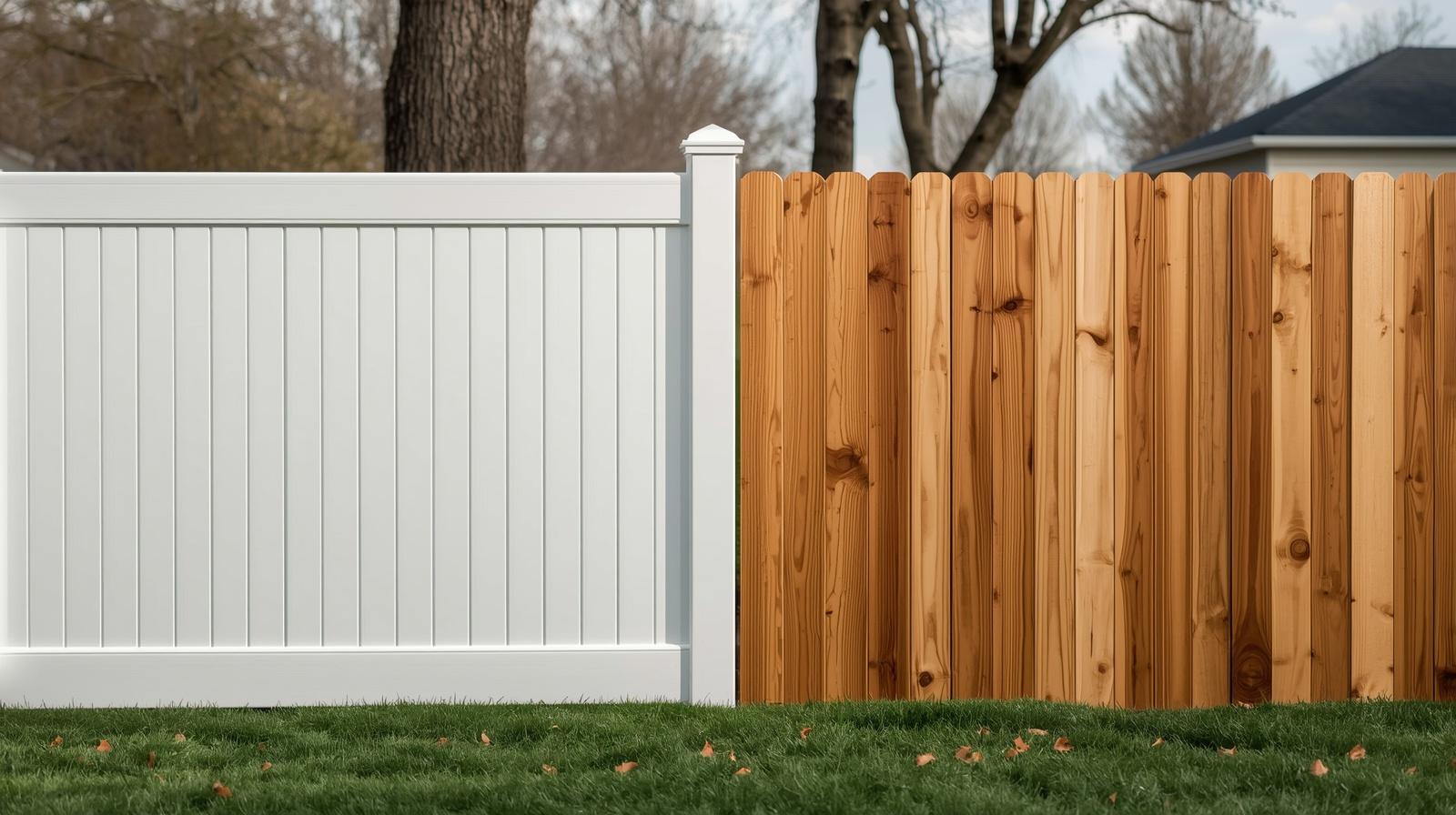 Comparison of vinyl and wood fence in residential yard in Avalon WI during winter.