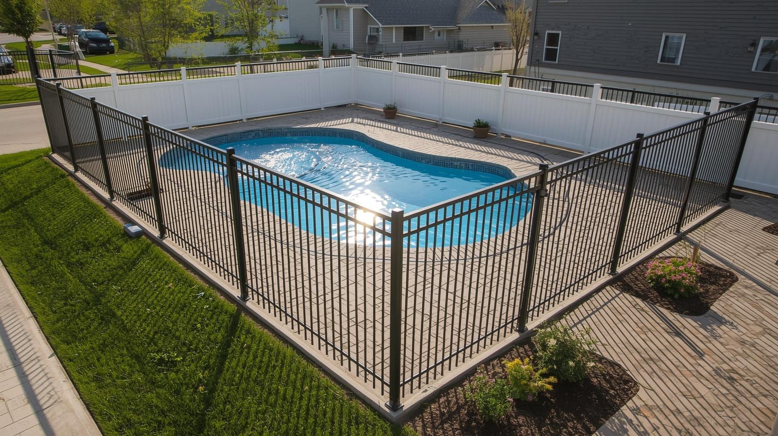 Pool fence installation around backyard swimming pool in Roscoe IL.