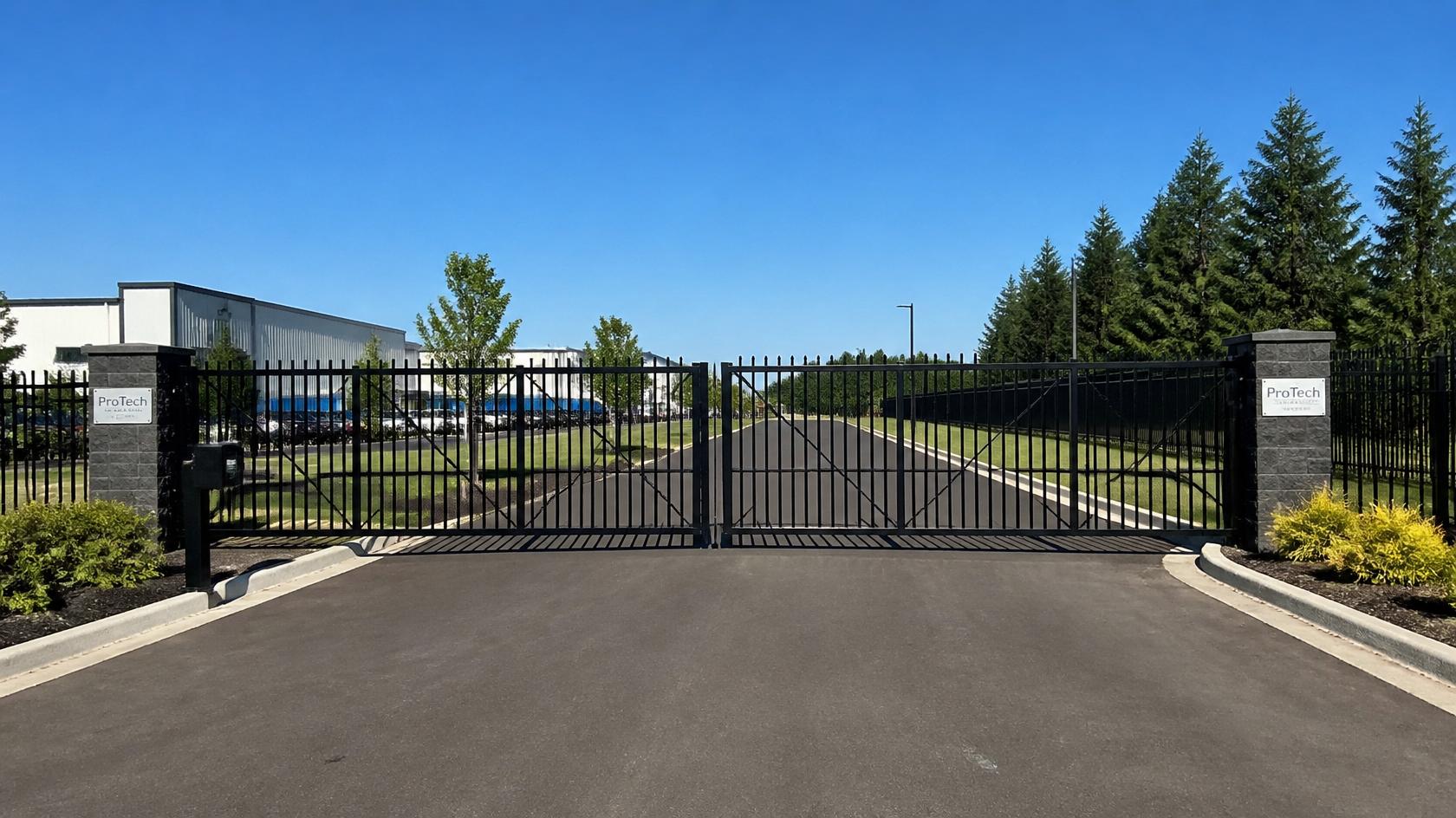 Commercial security gate with access control system at a business property in Oregon IL. Commercial security gate with access control system at a business property in Oregon IL.
