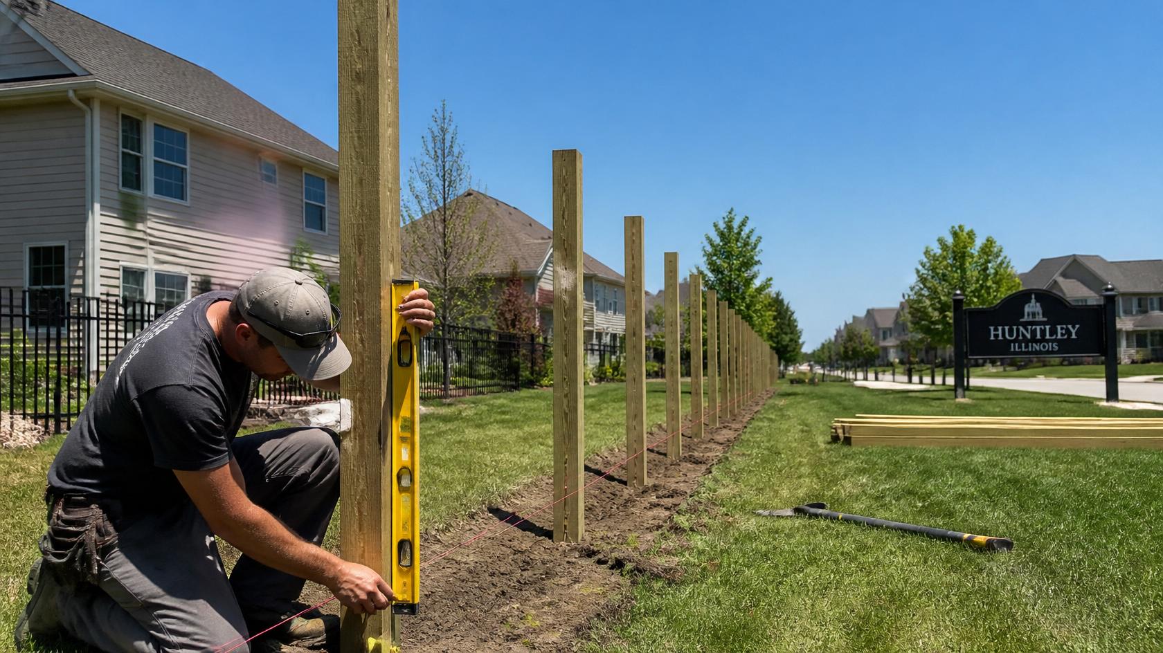 New fence installation in Huntley, IL with properly planned property lines and gate placement for a residential yard.