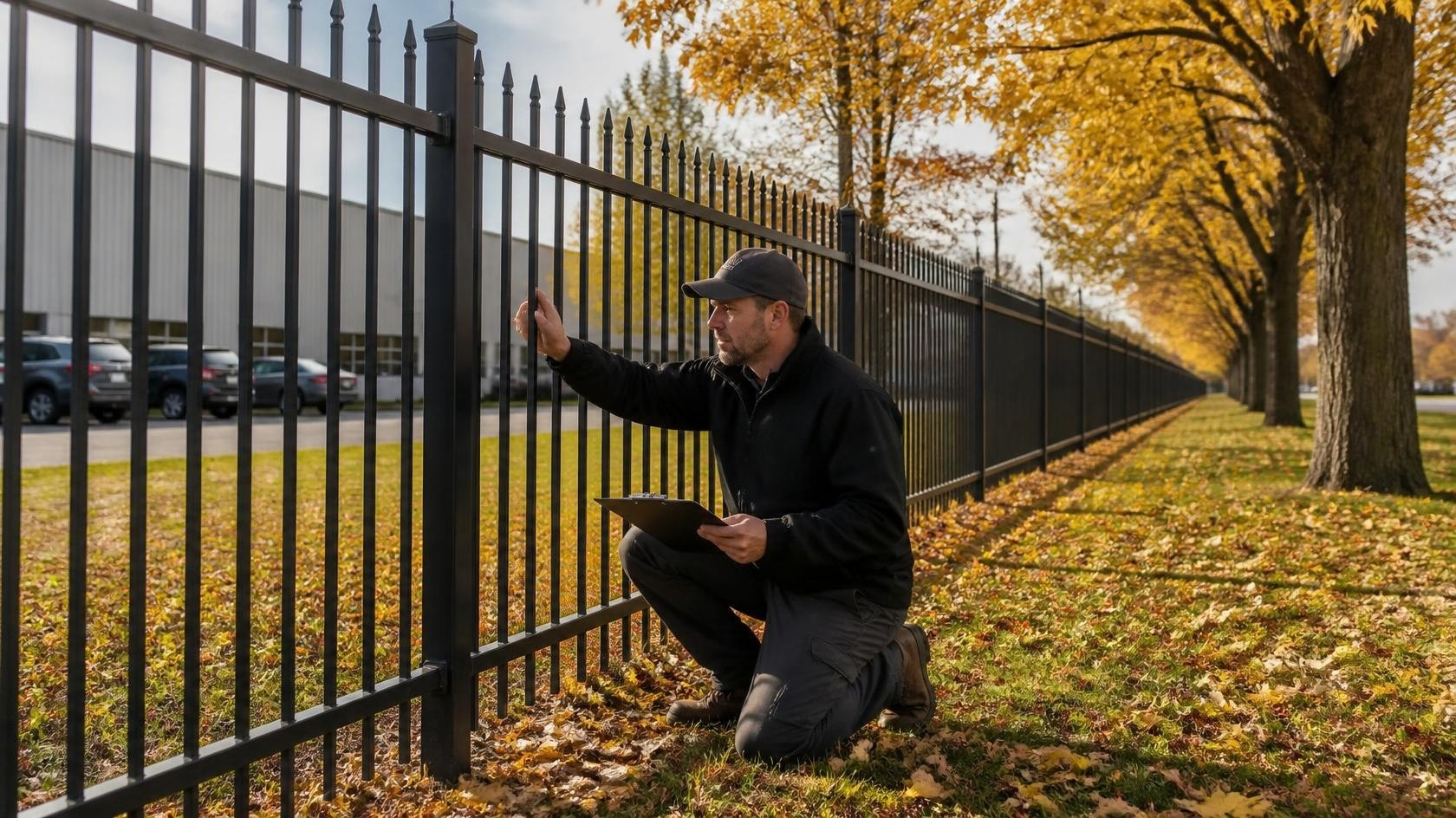 Commercial fence in Edgerton, WI being inspected for damaged panels, unstable posts, gate problems, and perimeter security before winter. Commercial fence in Edgerton, WI being inspected for damaged panels, unstable posts, gate problems, and perimeter security before winter.