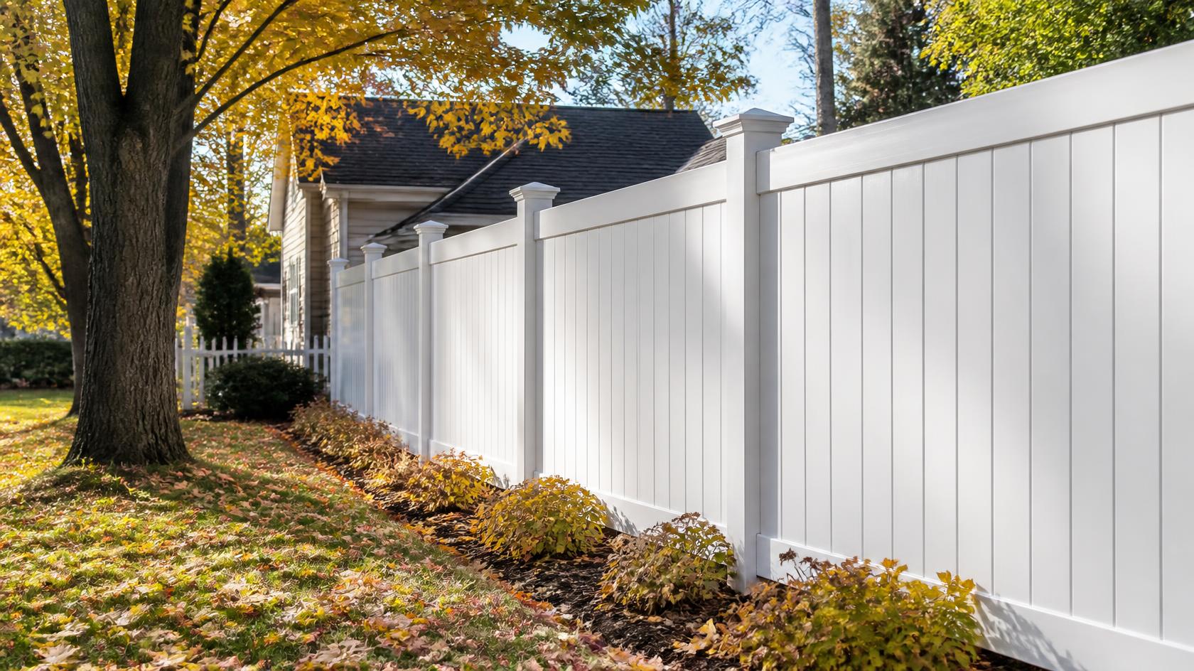 Vinyl fence in Evansville, WI being inspected for cleaning, damage, hardware, and other maintenance needs before cold weather.