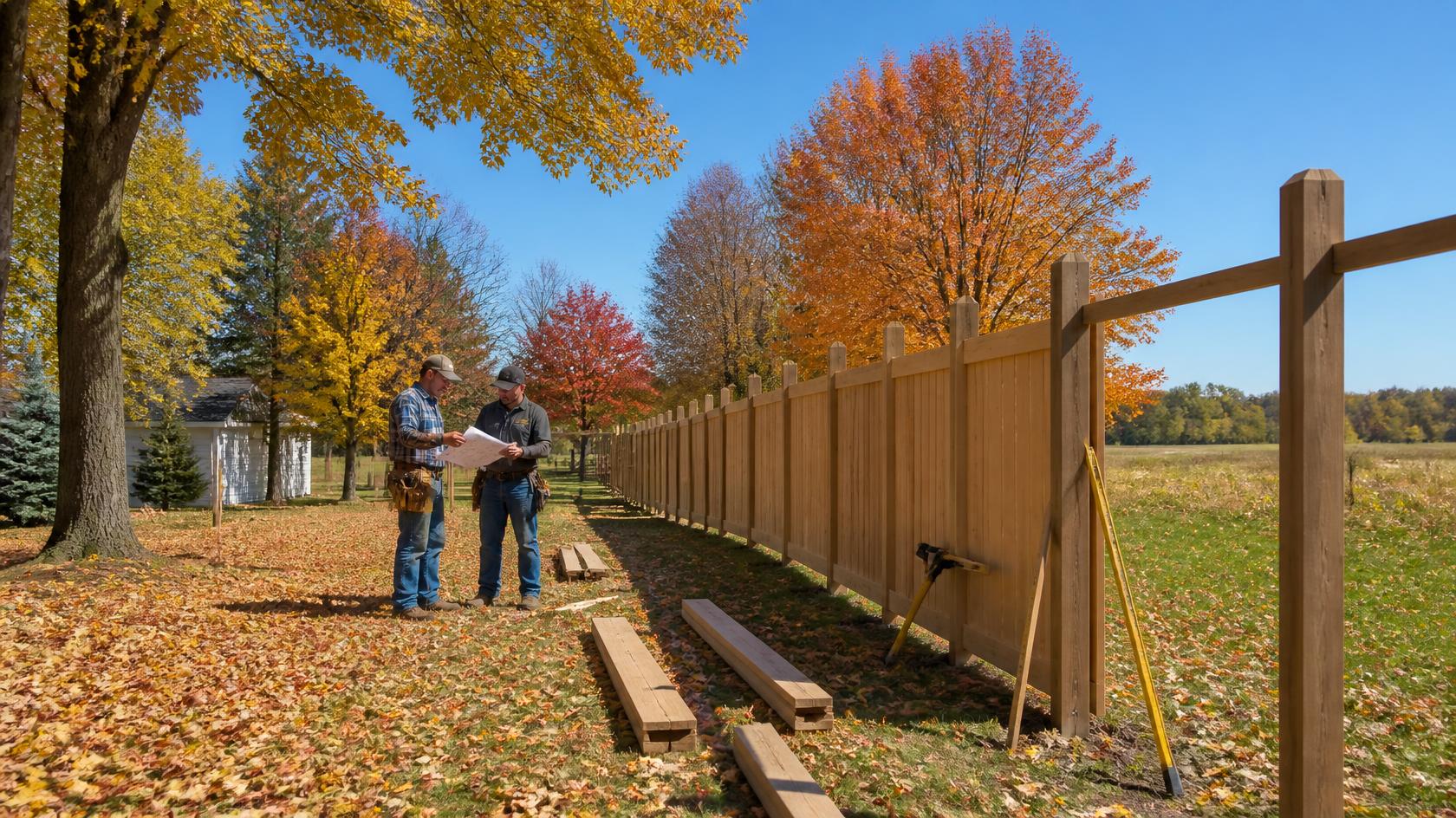 Fence installation for a large yard in Orfordville, WI with homeowners planning the layout, materials, gates, and fall project timing. Fence installation for a large yard in Orfordville, WI with homeowners planning the layout, materials, gates, and fall project timing.