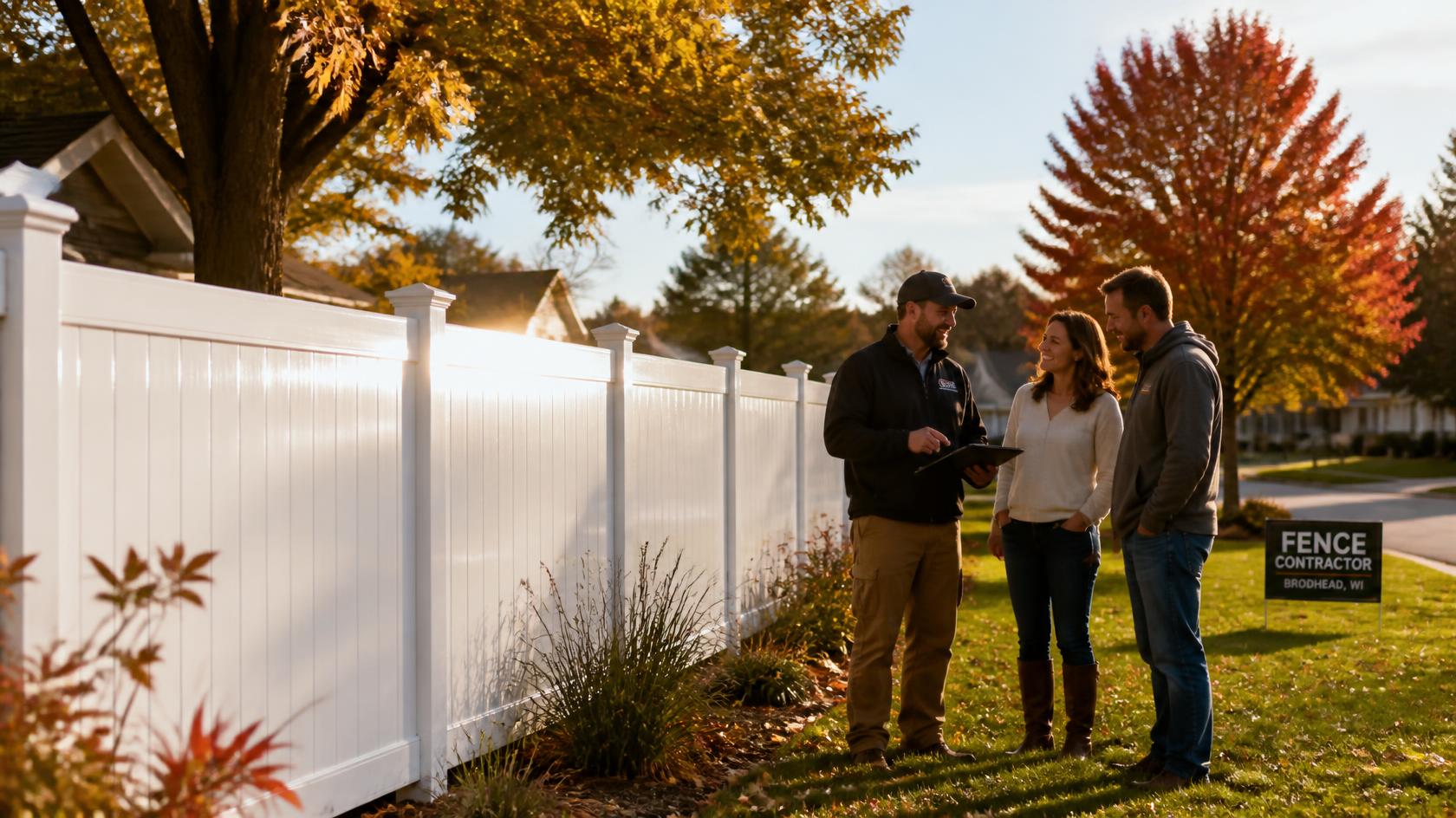 Vinyl fence installation in Brodhead, WI with homeowners reviewing materials, labor, layout, and other factors affecting fall project costs. Vinyl fence installation in Brodhead, WI with homeowners reviewing materials, labor, layout, and other factors affecting fall project costs.