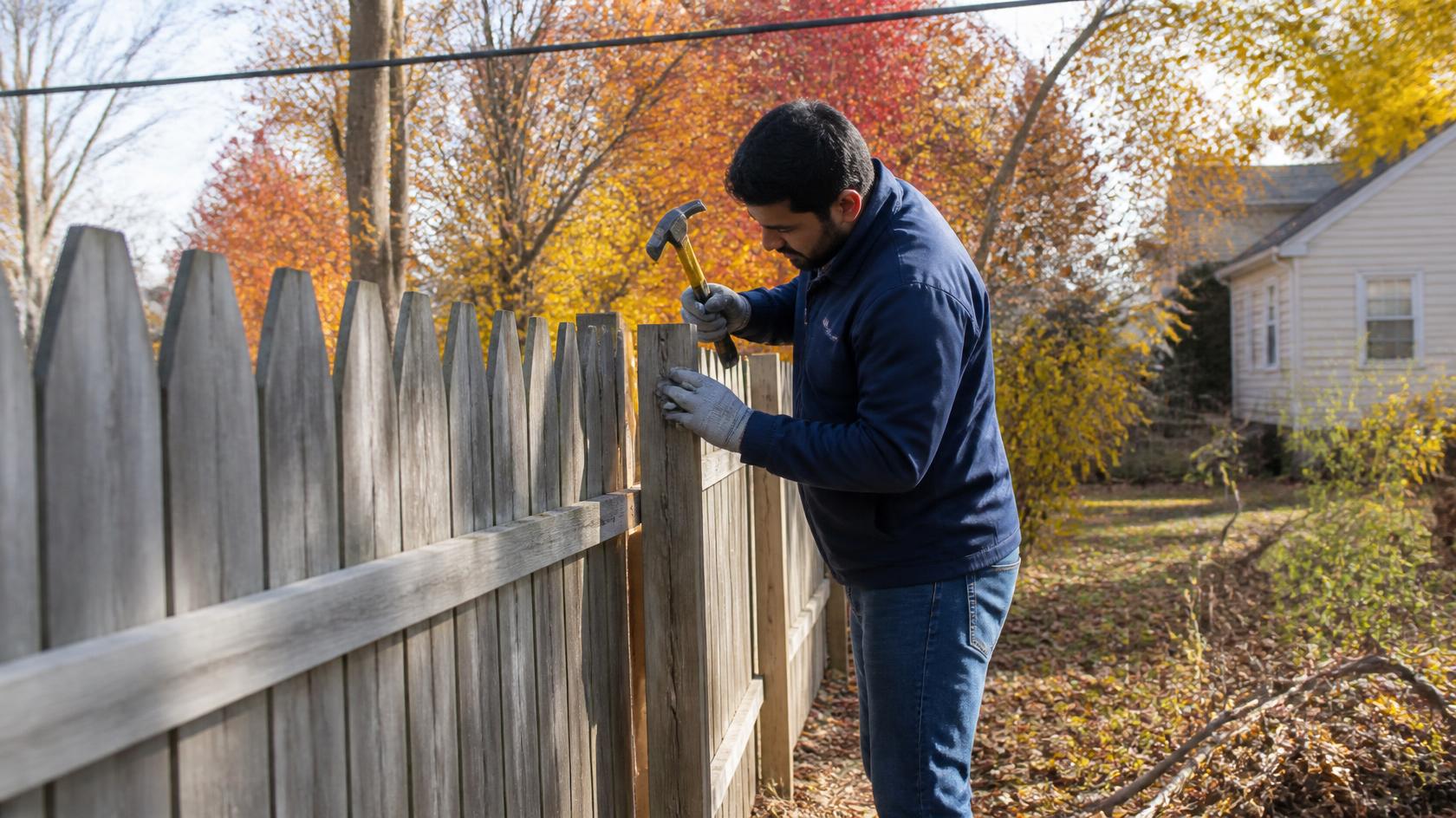 Residential fence in Brodhead, WI being inspected for damaged posts, panels, gates, and other problems that should be repaired before winter.
