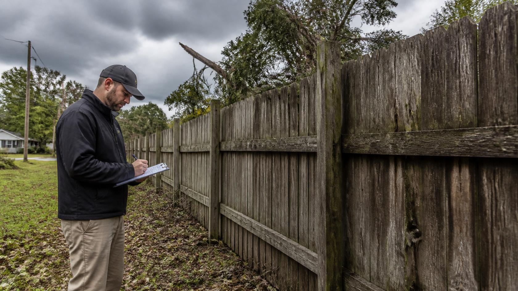 Contractor inspecting a commercial fence in Fort Atkinson, WI, checking for storm damage, leaning posts, loose panels, and damaged gate hardware.