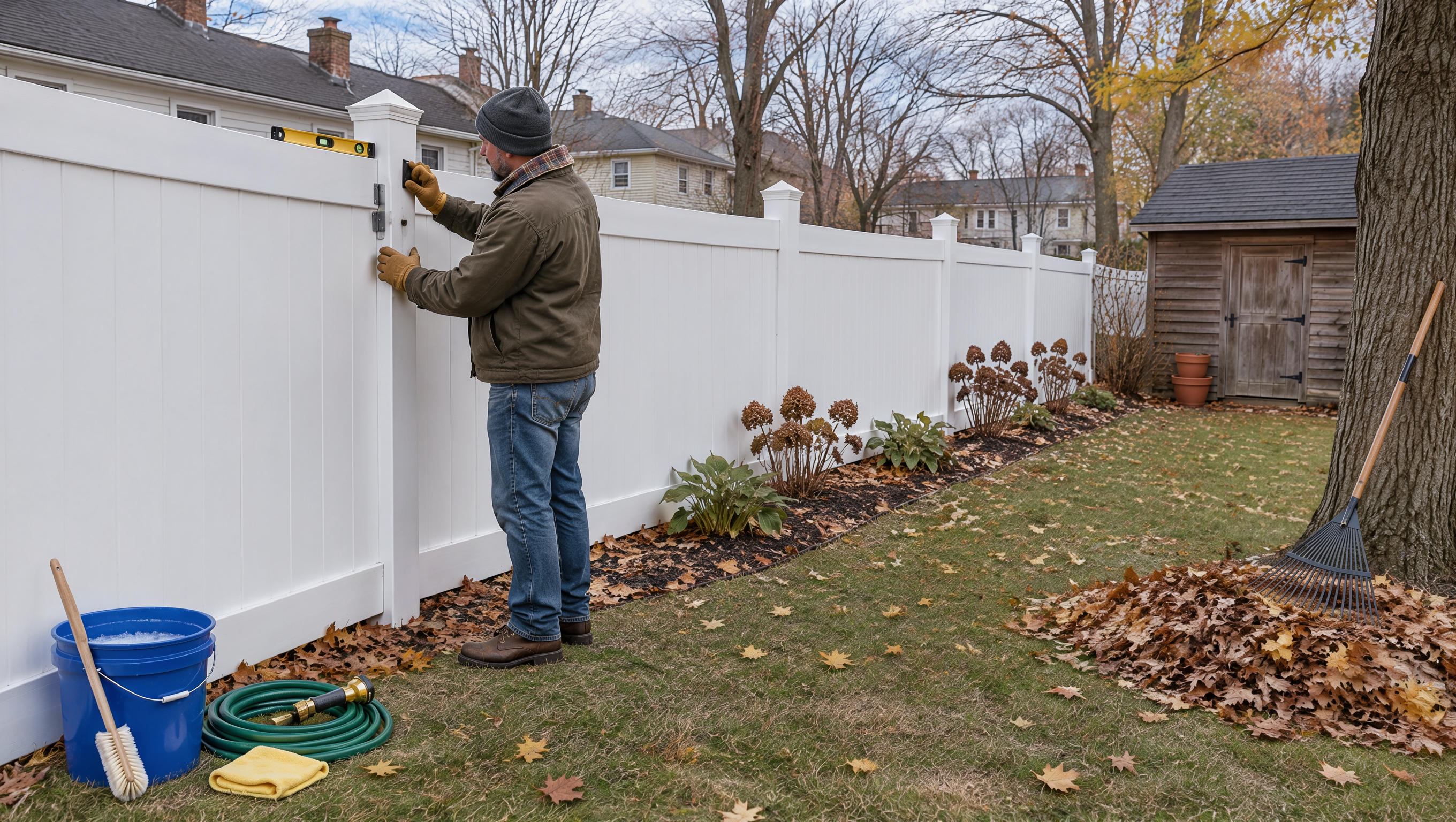 Vinyl fence at a home in Monroe, WI being inspected for loose panels, unstable posts, and damaged sections as part of a pre-winter maintenance check.