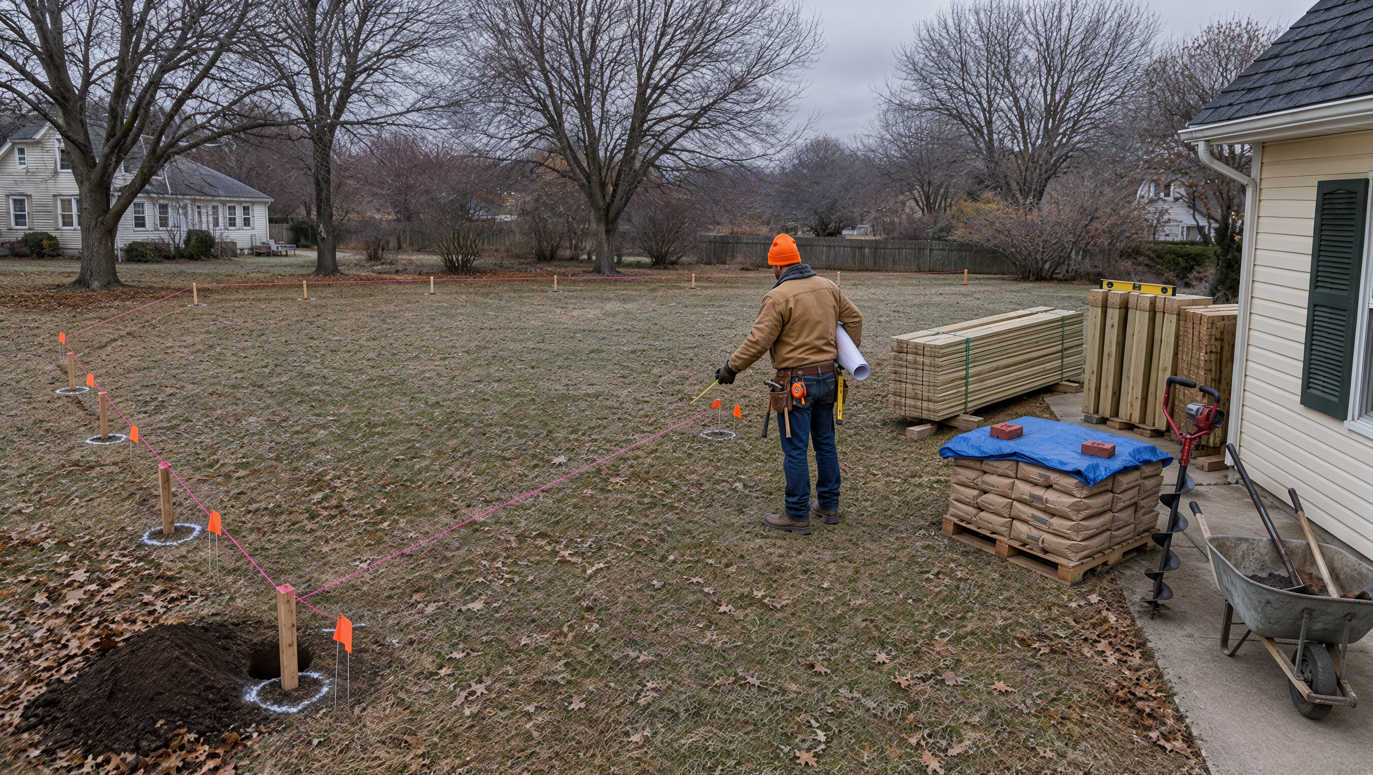 Fence contractor preparing a residential yard in Monroe, WI for fence installation before snowfall, measuring property lines and marking post locations.