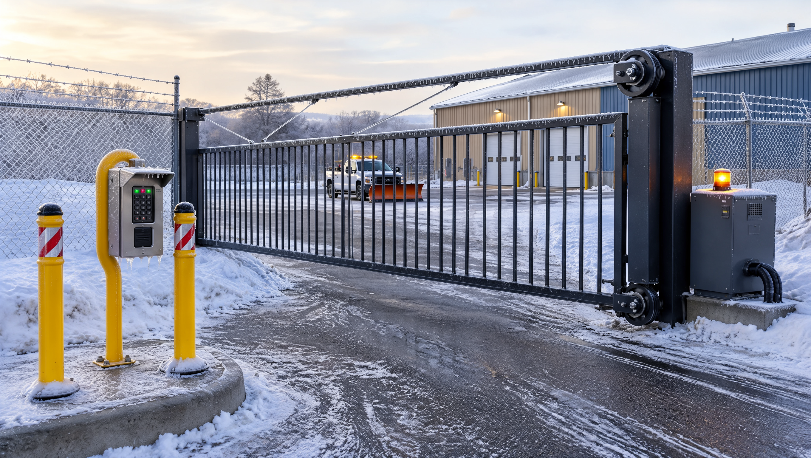 Contractor inspecting a commercial gate in Monroe, WI, checking hinges, latches, and access hardware to help prevent problems during icy, cold weather. Contractor inspecting a commercial gate in Monroe, WI, checking hinges, latches, and access hardware to help prevent problems during icy, cold weather.