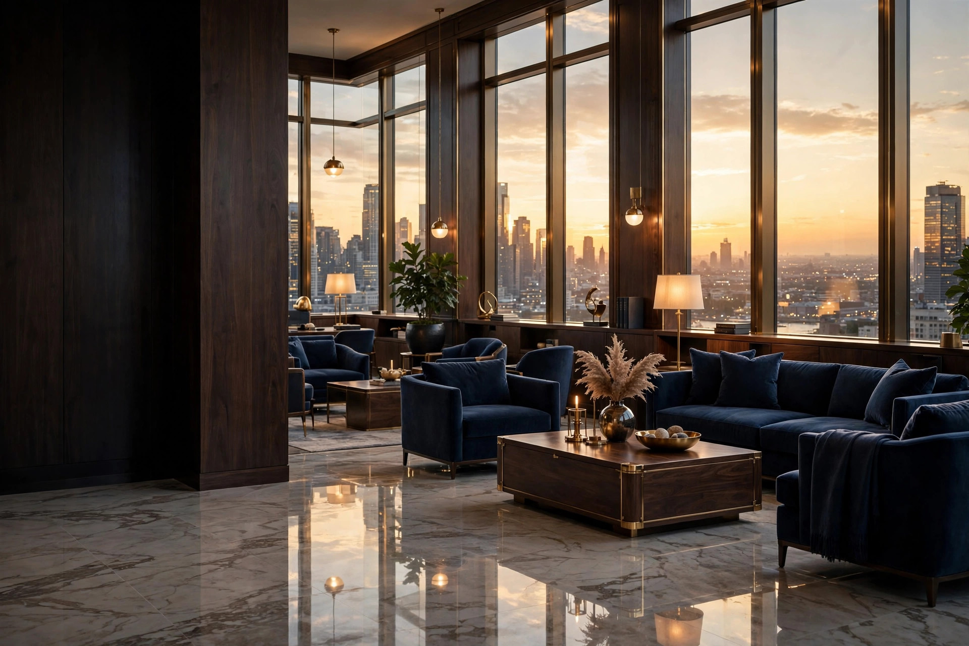 Golden dusk lounge with warm evening light