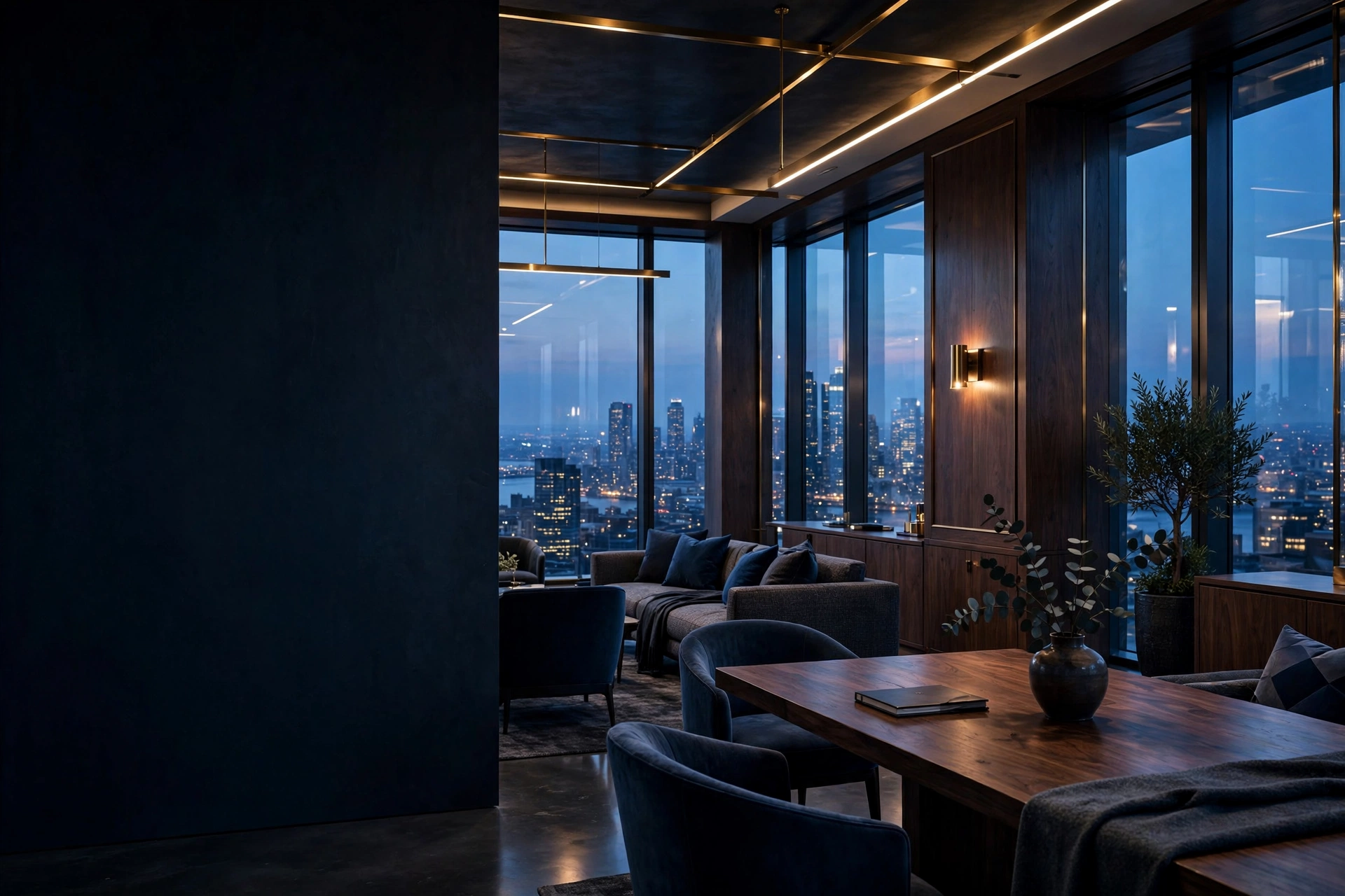 Blue hour luxury office with city lights and dark open space on the left