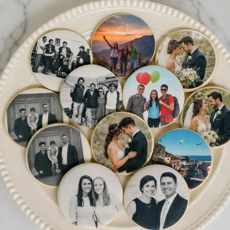 Round custom photo toppers arranged on a white plate