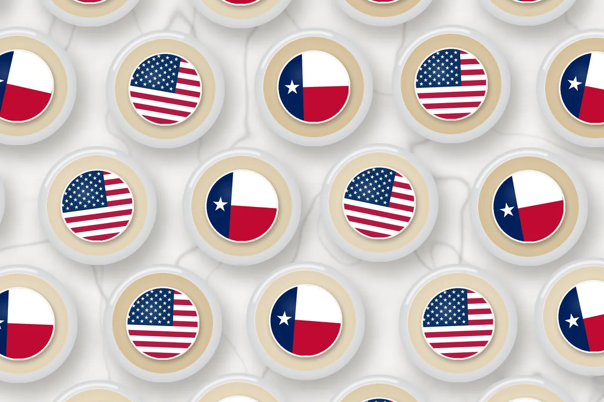 Cocktails topped with edible drink toppers printed with the Texas flag and the American flag