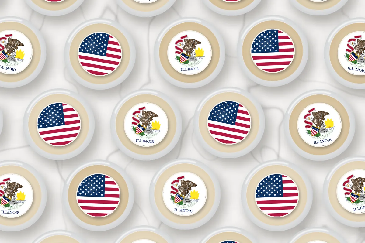 Cocktails topped with edible drink toppers printed with the Illinois flag and the American flag