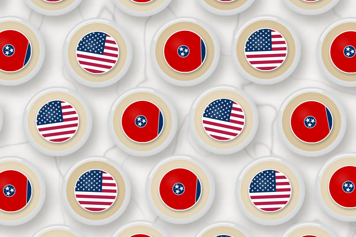 Cocktails topped with edible drink toppers printed with the Tennessee flag and the American flag