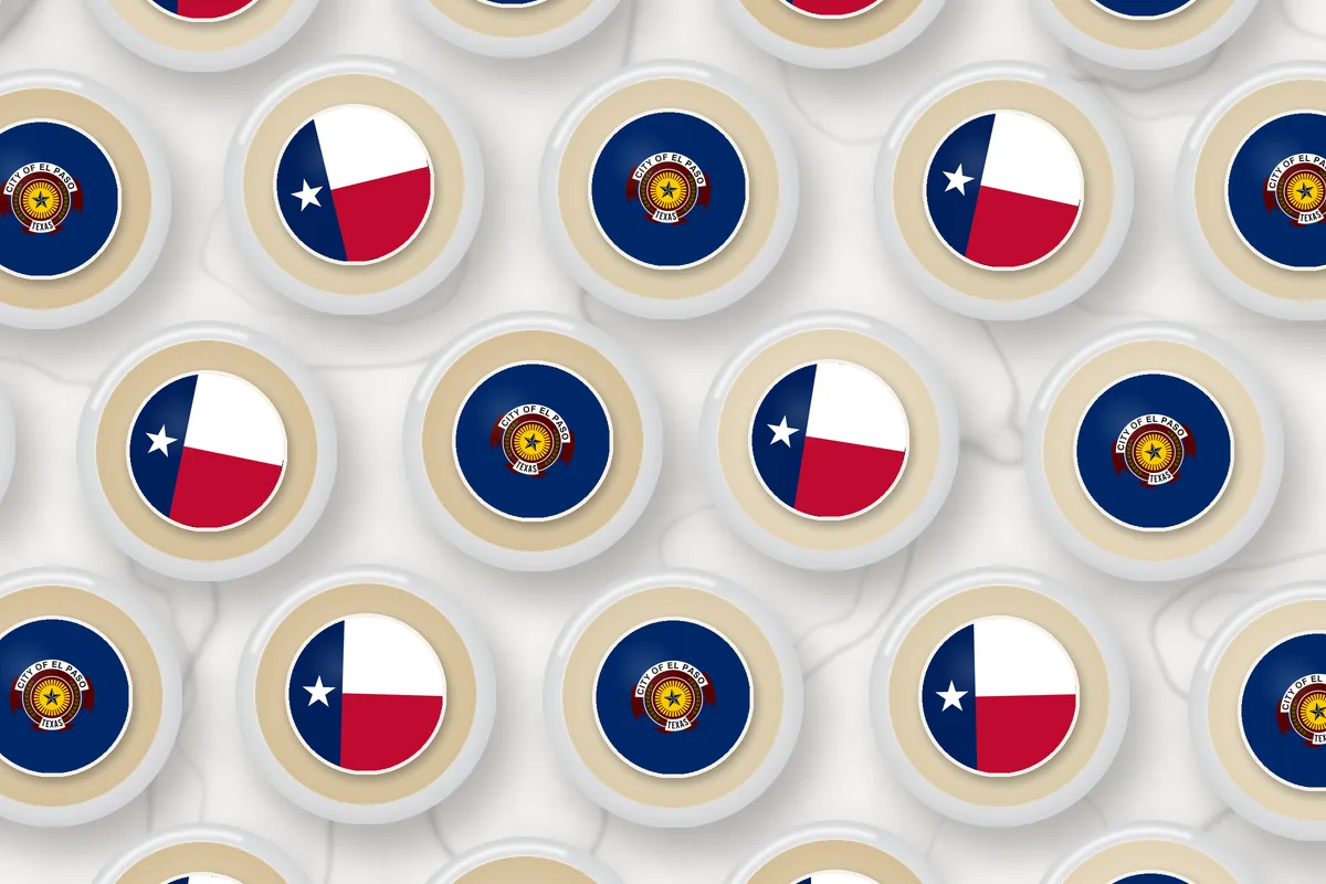 Cocktails topped with edible drink toppers printed with the El Paso city flag and the Texas flag