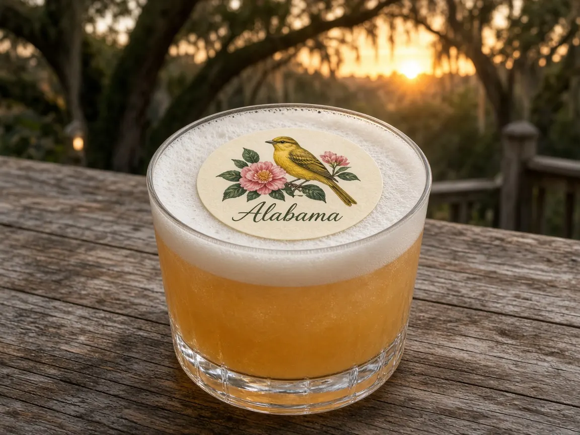 Whiskey sour with a yellowhammer and camellia Alabama topper at sunset