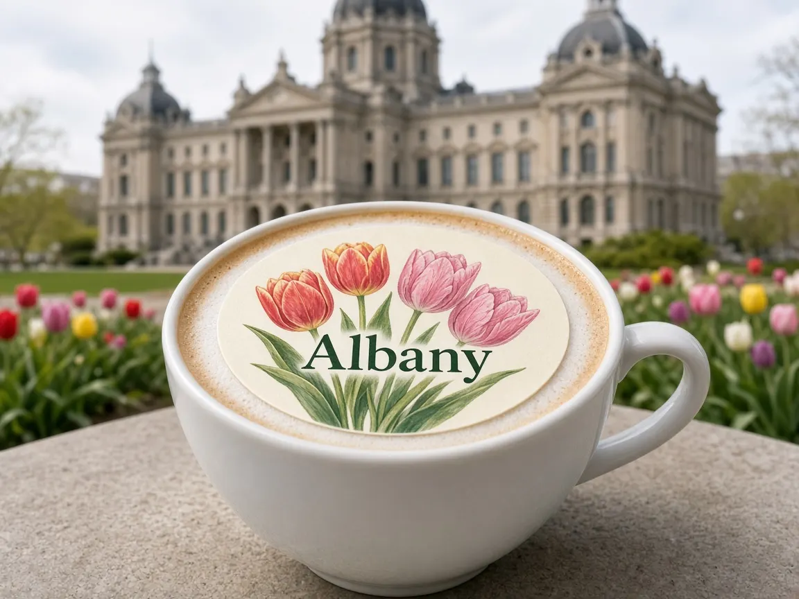 Cappuccino with a tulip Albany topper in front of the state capitol and tulip gardens