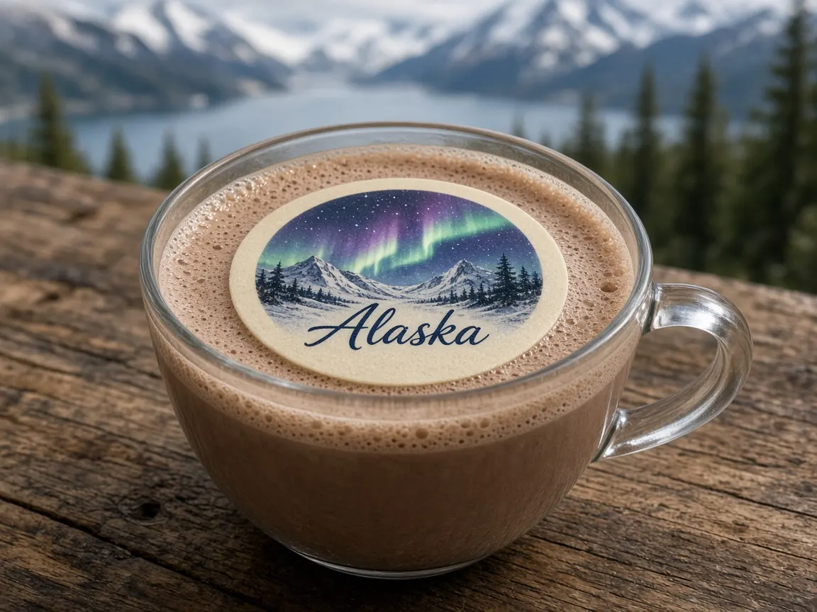 Hot chocolate with a northern lights Alaska topper above a glacier lake