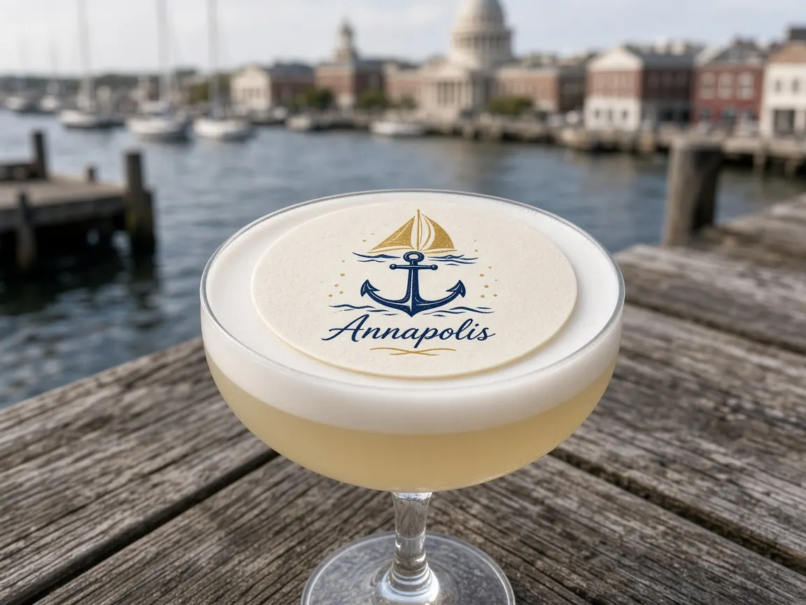 Champagne sour with an anchor and sailboat Annapolis topper on the harbour dock